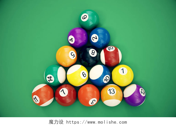 绿色背景上的桌球3d 插图台球球从顶视图上方的三角形排列。斯诺克，桌球，桌球概念